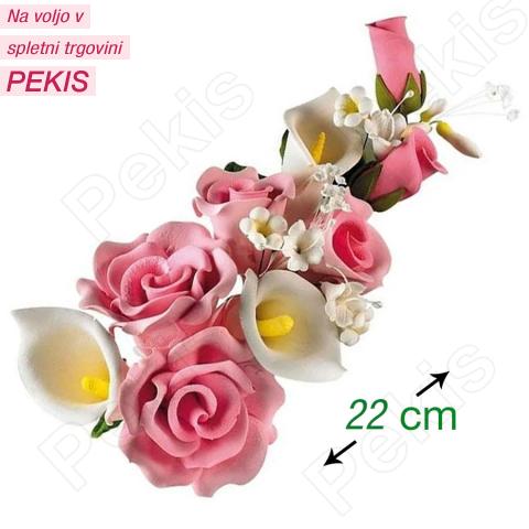 Sladkorni šopek (22cm) bele kale in roza vrtnice
