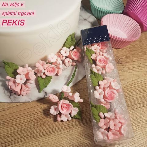 Sladkorni mini roza šopki cvetja (pastilaža, 11,5cm) 4 kom