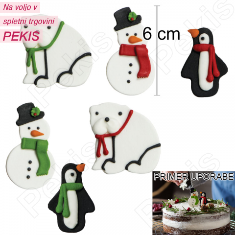 6 sladkornih dekoracij, medved, snežak, pingvin