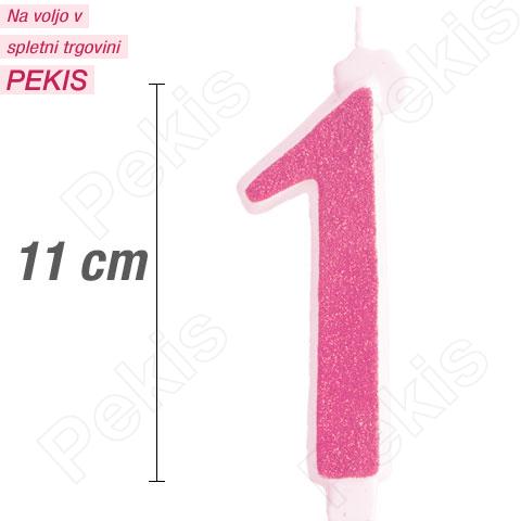 Svečka številka, Roza z bleščicami (11cm) št.1 Svečka številka, Roza z bleščicami (11cm) št.1