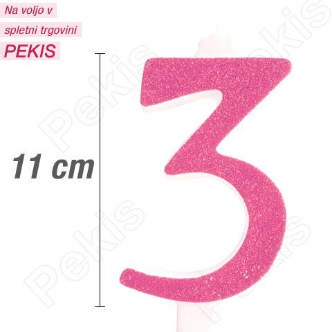 Svečka številka, Roza z bleščicami (11cm) št.3 Svečka številka, Roza z bleščicami (11cm) št.3