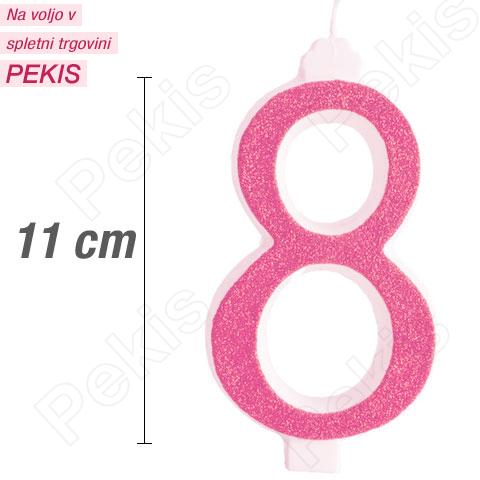 Svečka številka, Roza z bleščicami (11cm) št.8 Svečka številka, Roza z bleščicami (11cm) št.8