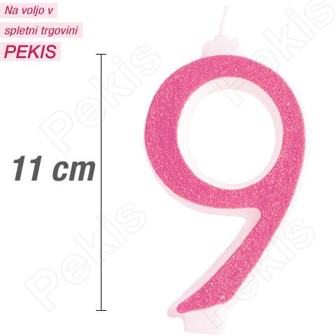 Svečka številka, Roza z bleščicami (11cm) št.9 Svečka številka, Roza z bleščicami (11cm) št.9