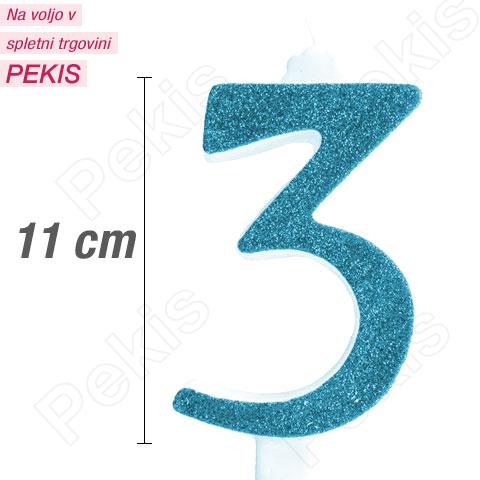 Svečka številka, Modra z bleščicami (11cm) št.3 Svečka številka, Modra z bleščicami (11cm) št.3