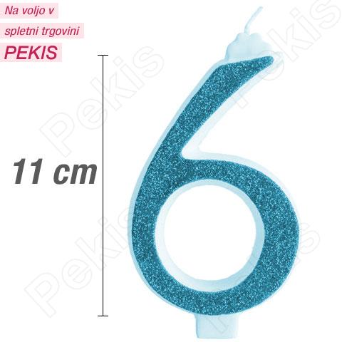 Svečka številka, Modra z bleščicami (11cm) št.6 Svečka številka, Modra z bleščicami (11cm) št.6