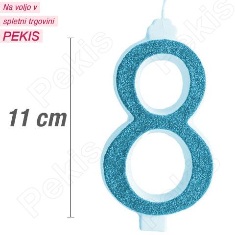 Svečka številka, Modra z bleščicami (11cm) št.8 Svečka številka, Modra z bleščicami (11cm) št.8