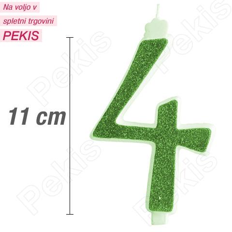 Svečka številka, Zelena z bleščicami (11cm) št.4