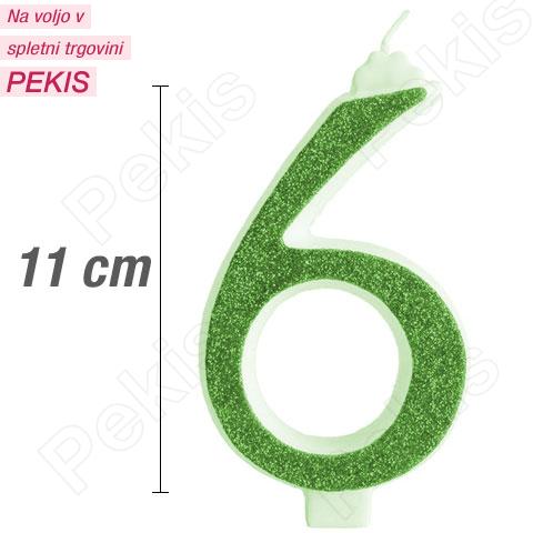 Svečka številka, Zelena z bleščicami (11cm) št.6