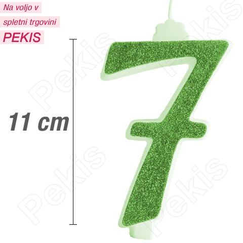 Svečka številka, Zelena z bleščicami (11cm) št.7