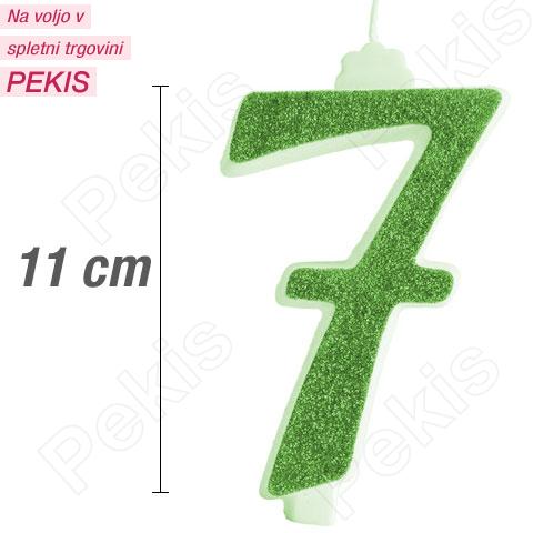 Svečka številka, Zelena z bleščicami (11cm) št.7 Svečka številka, Zelena z bleščicami (11cm) št.7