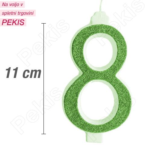Svečka številka, Zelena z bleščicami (11cm) št.8