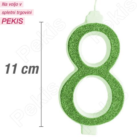 Svečka številka, Zelena z bleščicami (11cm) št.8 Svečka številka, Zelena z bleščicami (11cm) št.8