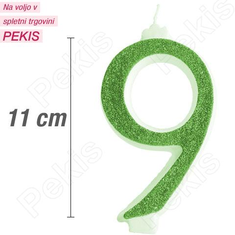 Svečka številka, Zelena z bleščicami (11cm) št.9