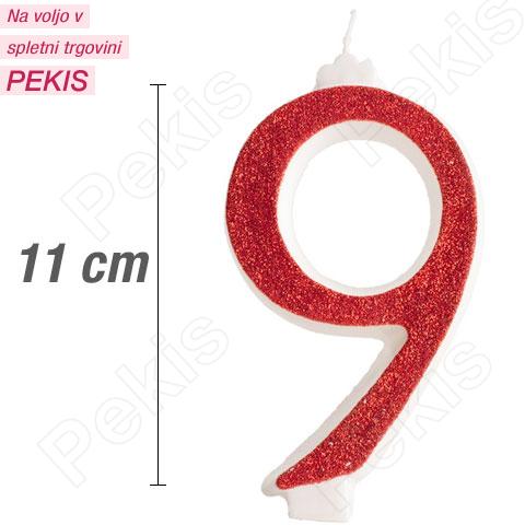 Svečka številka, Rdeča z bleščicami (11cm) št.9