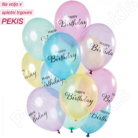 Baloni Happy Birthday, pastelno prozorni 30cm, 12 kom