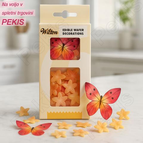 Užitni metuljčki in rožice iz hostije Wilton – oranžno-roza dekoracije 30 kosov