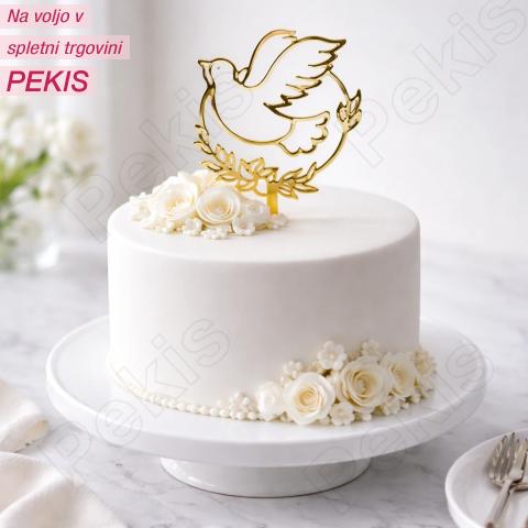 Topper za Sveto obhajilo ali birmo – Golob z rastlinskim motivom (mirror gold)