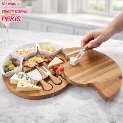 Zložljivi komplet akacijevih desk za sir – prefinjen trenutek ob kozarcu vina