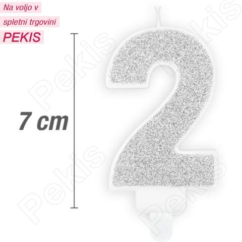 Svečka številka, Srebrna z bleščicami (7cm) št.2