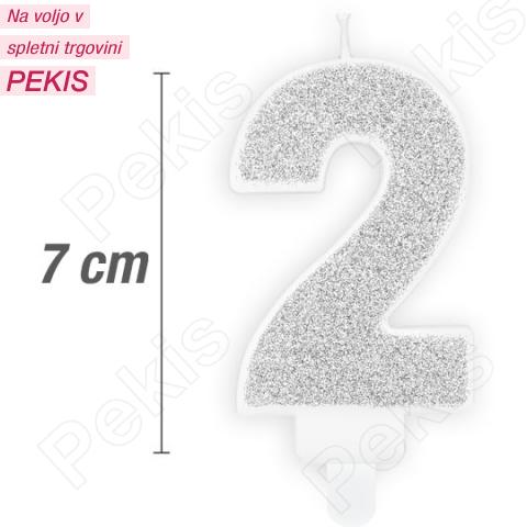 Svečka številka, Srebrna z bleščicami (7cm) št.2 Svečka številka, Srebrna z bleščicami (7cm) št.2