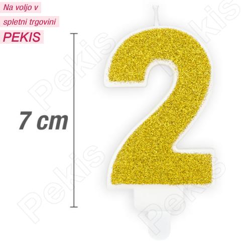 Svečka številka, Zlata z bleščicami (7cm) št.2 Svečka številka, Zlata z bleščicami (7cm) št.2