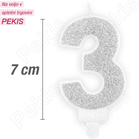 Svečka številka, Srebrna z bleščicam (7cm) št.3