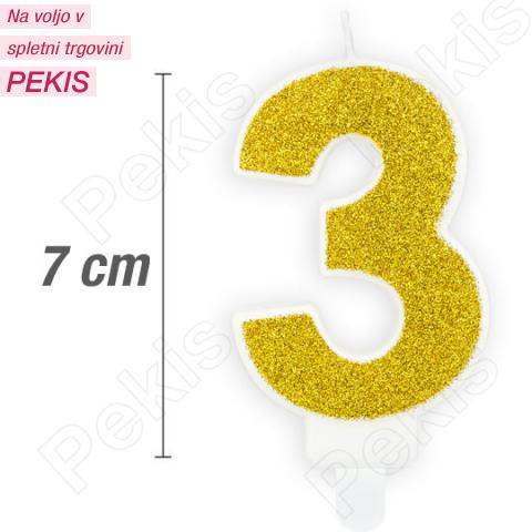 Svečka številka, Zlata z bleščicami (7cm) št.3
