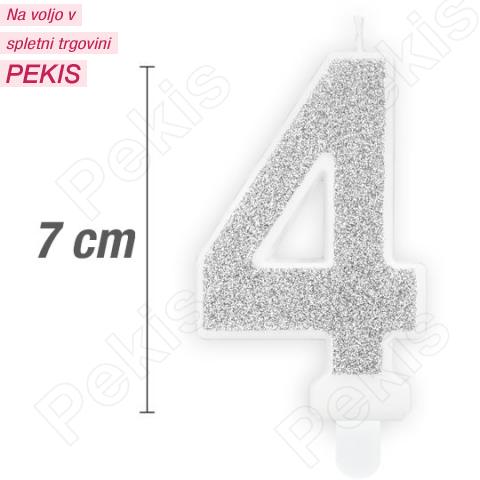 Svečka številka, Srebrna z bleščicami (7cm) št.4 Svečka številka, Srebrna z bleščicami (7cm) št.4