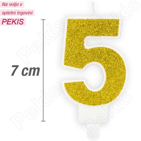 Svečka številka, Zlata z bleščicami (7cm) št.5