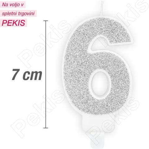 Svečka številka, Srebrna z bleščicami (7cm) št.6