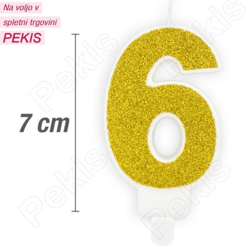 Svečka številka, Zlata z bleščicami (7cm) št.6