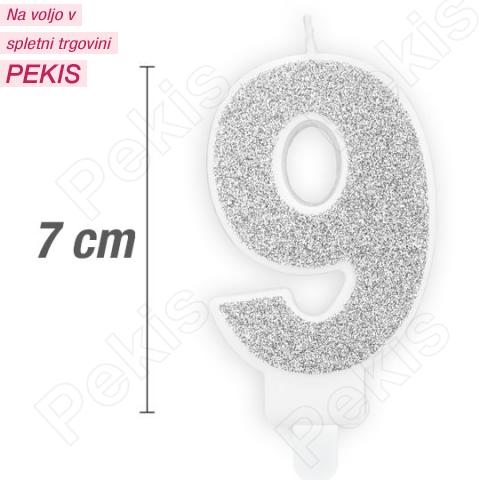 Svečka številka, Srebrna z bleščicami (7cm) št.9