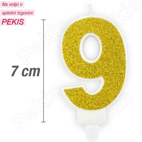 Svečka številka, Zlata z bleščicami (7cm) št.9 Svečka številka, Zlata z bleščicami (7cm) št.9