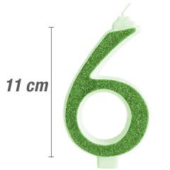 Svečka številka, Zelena z bleščicami (11cm) št.6