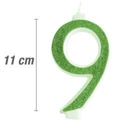 Svečka številka, Zelena z bleščicami (11cm) št.9