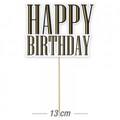 Topper za torto črno-zlat napis Happy Birthday