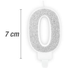 Svečka številka, Srebrna z bleščicami (7cm) št.0