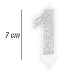 Svečka številka, Srebrna z bleščicami 7cm, št.1
