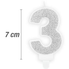 Svečka številka, Srebrna z bleščicami 7cm, št.3