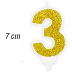 Svečka številka, Zlata z bleščicami 7cm, št.3
