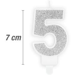 Svečka številka, Srebrna z bleščicami (7cm) št.5