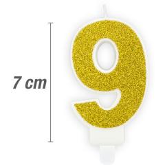 Svečka številka, Zlata z bleščicami 7cm, št.9